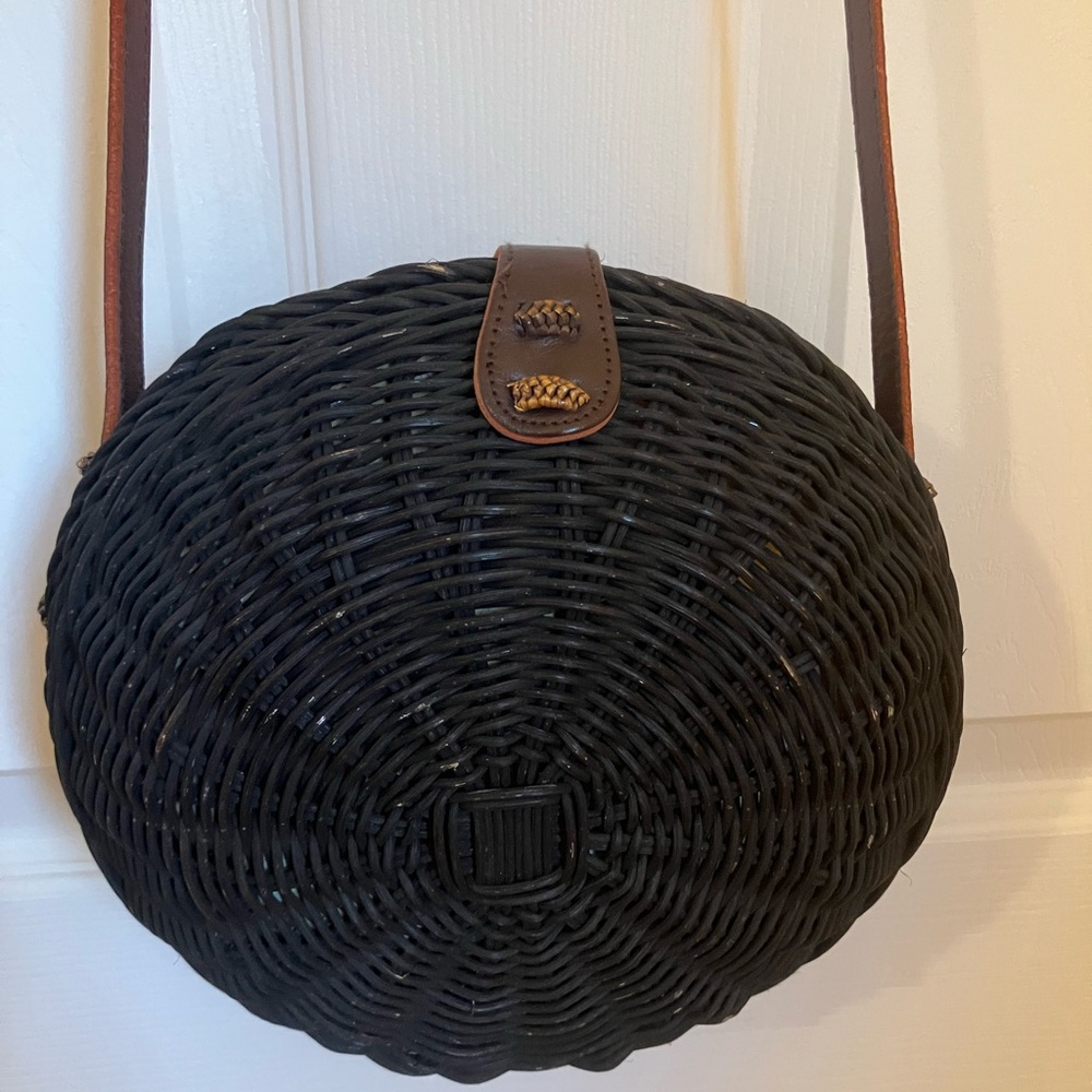 Black and Brown Circular Crossbody Bag with Woven Design